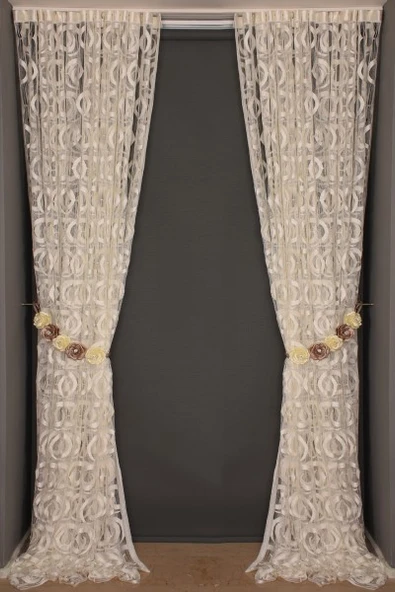 VAKKO  MODEL KREM RENK İP PERDE HAZIR DÜĞMELERİ DİKİLMİŞ İP PERDE 300*270 cm - Resim 8