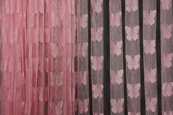 KELEBEK  MODEL PEMBE RENK İP PERDE HAZIR DÜĞMELERİ DİKİLMİŞ İP PERDE 300*280 cm - Resim 4