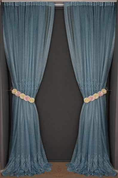 GÖBEKLİ MODEL MAVİ RENK TEK KANAT Hazır dikilmiş Pileli Fon Perde 300*260 cm ürün görseli 1