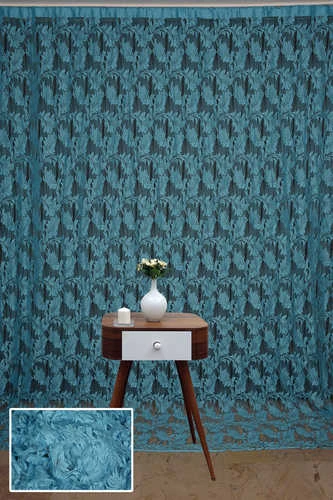 YAPRAK  MODEL TURKUAZ RENK İP PERDE HAZIR DÜĞMELERİ DİKİLMİŞ İP PERDE 300*280 cm - Resim 2