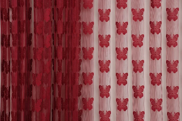 KELEBEK  MODEL BORDO RENK İP PERDE HAZIR DÜĞMELERİ DİKİLMİŞ İP PERDE 300*280 cm - Resim 4