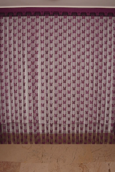KELEBEK  MODEL MOR RENK İP PERDE HAZIR DÜĞMELERİ DİKİLMİŞ İP PERDE 300*280 cm - Resim 2