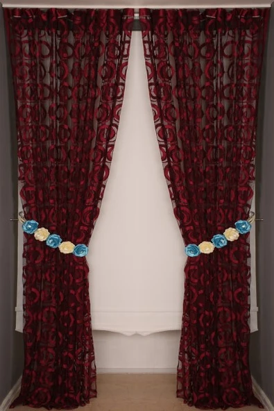 VAKKO  MODEL BORDO RENK İP PERDE HAZIR DÜĞMELERİ DİKİLMİŞ İP PERDE 300*270 cm - Resim 8