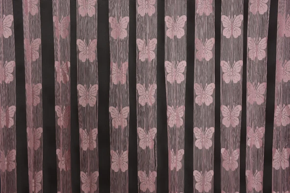 KELEBEK  MODEL PEMBE RENK İP PERDE HAZIR DÜĞMELERİ DİKİLMİŞ İP PERDE 300*280 cm ürün görseli