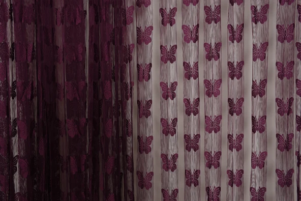 KELEBEK  MODEL MOR RENK İP PERDE HAZIR DÜĞMELERİ DİKİLMİŞ İP PERDE 300*280 cm - Resim 4