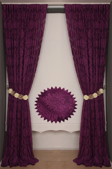 DAMAKS MOR  RENK TEK KANAT Hazır dikilmiş Pileli Fon Perde 300*260 cm - Resim 5