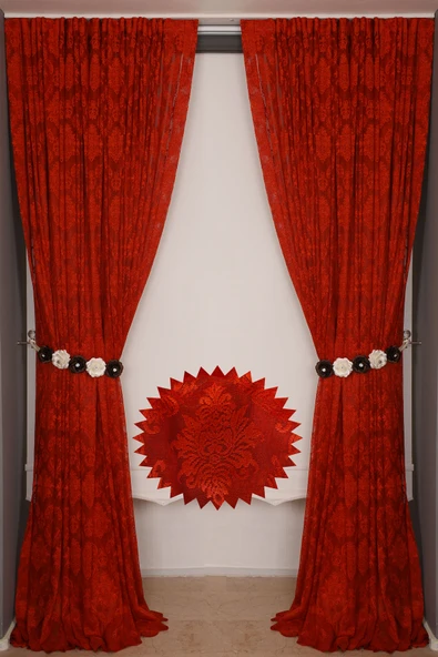 DAMAKS KIRMIZI  RENK TEK KANAT Hazır dikilmiş Pileli Fon Perde 300*260 cm - Resim 5