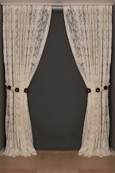 DAMAKS KREM  RENK TEK KANAT Hazır dikilmiş Pileli Fon Perde 300*260 cm - Resim 2