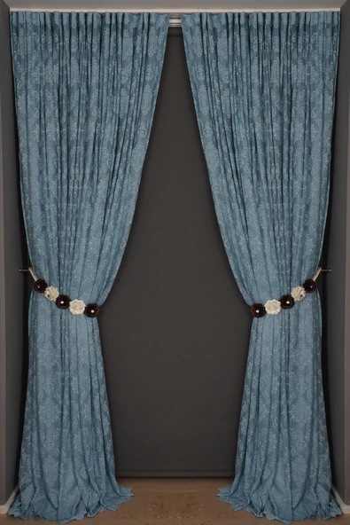 DAMAKS MAVİ  RENK TEK KANAT Hazır dikilmiş Pileli Fon Perde 300*260 cm - Resim 2