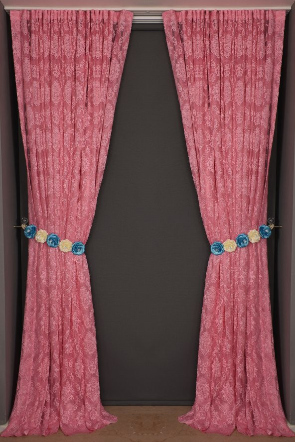 DAMAKS PEMBE RENK TEK KANAT  Hazır dikilmiş Pileli Fon Perde 300*260 cm - 2