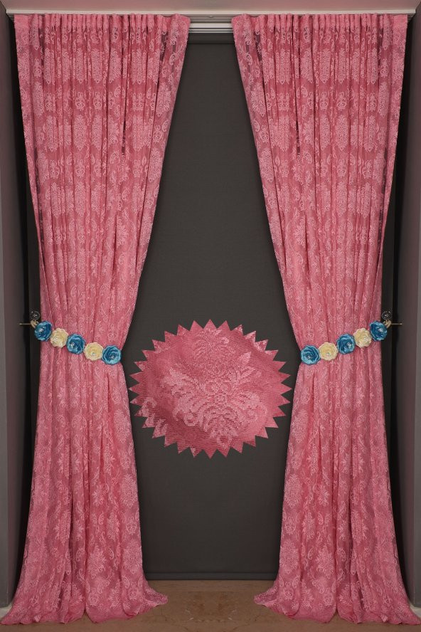DAMAKS PEMBE RENK TEK KANAT  Hazır dikilmiş Pileli Fon Perde 300*260 cm - 5