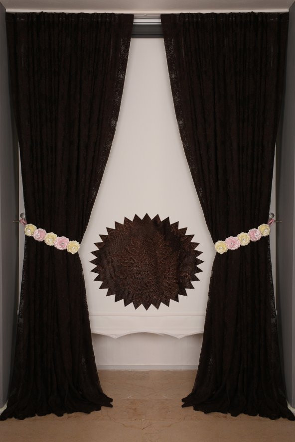 DAMAKS ACI KAHVE  RENK TEK KANAT Hazır dikilmiş Pileli Fon Perde 300*260 cm - 5