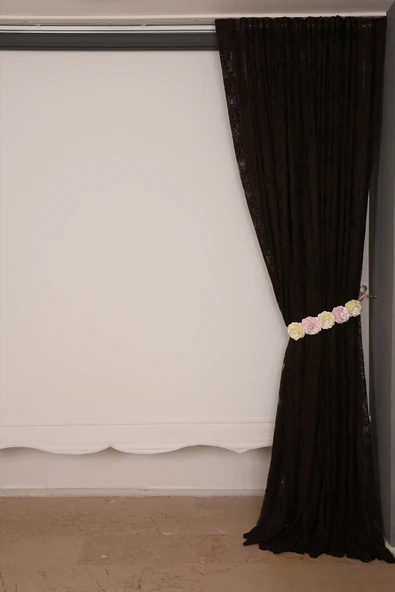 DAMAKS ACI KAHVE  RENK TEK KANAT Hazır dikilmiş Pileli Fon Perde 300*260 cm - Resim 4