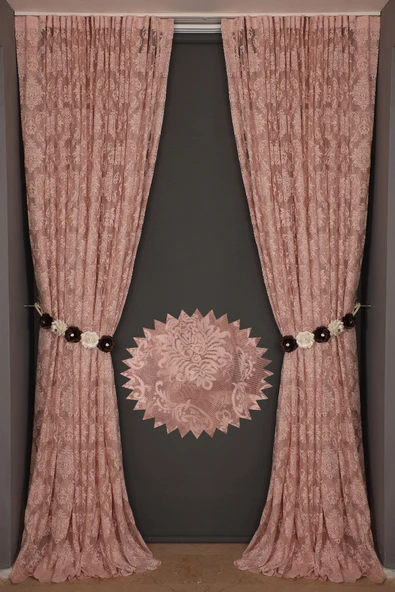 DAMAKS PUDRA  RENK TEK KANAT Hazır dikilmiş Pileli Fon Perde 300*260 cm - Resim 5