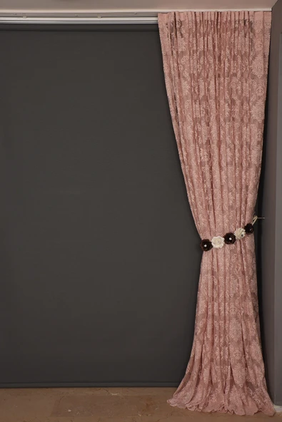 DAMAKS PUDRA  RENK TEK KANAT Hazır dikilmiş Pileli Fon Perde 300*260 cm - Resim 4