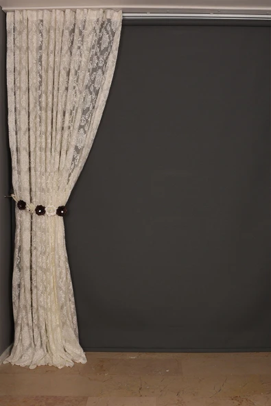 DAMAKS KREM  RENK TEK KANAT Hazır dikilmiş Pileli Fon Perde 300*260 cm - Resim 3