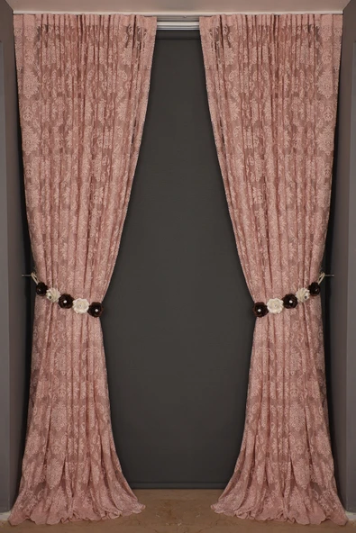 DAMAKS PUDRA  RENK TEK KANAT Hazır dikilmiş Pileli Fon Perde 300*260 cm - Resim 2