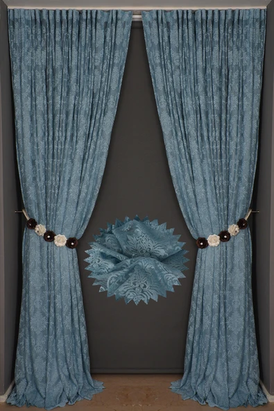 DAMAKS MAVİ  RENK TEK KANAT Hazır dikilmiş Pileli Fon Perde 300*260 cm - Resim 5