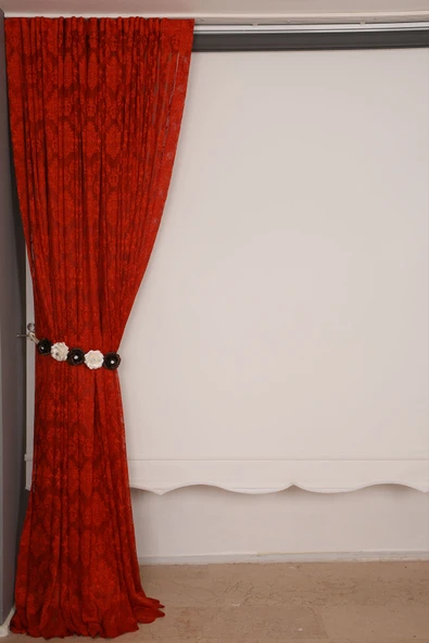 DAMAKS KIRMIZI  RENK TEK KANAT Hazır dikilmiş Pileli Fon Perde 300*260 cm - Resim 3