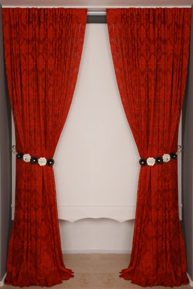 DAMAKS KIRMIZI  RENK TEK KANAT Hazır dikilmiş Pileli Fon Perde 300*260 cm - Resim 2