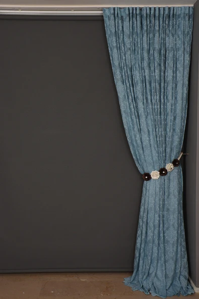 DAMAKS MAVİ  RENK TEK KANAT Hazır dikilmiş Pileli Fon Perde 300*260 cm - Resim 4