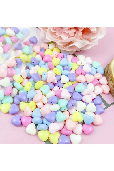 60 gr (300 adet) Şeker Rengi Akrilik Kalp Boncuklar Renkli Karışık Plastik Pastel Boncuklar Ara Boncuk Kalp Şekilli Koly - 7