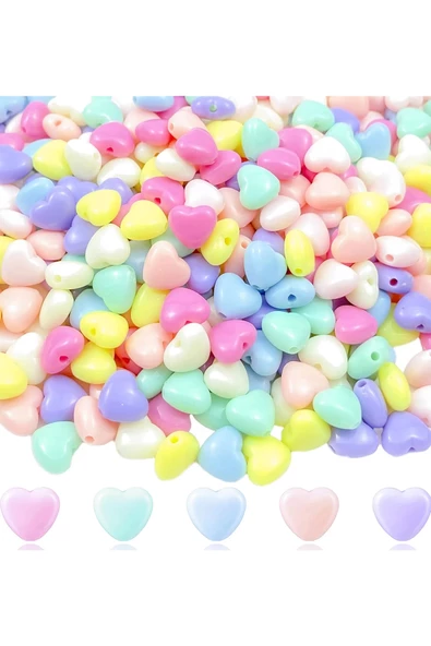 60 gr (300 adet) Şeker Rengi Akrilik Kalp Boncuklar Renkli Karışık Plastik Pastel Boncuklar Ara Boncuk Kalp Şekilli Koly - 4