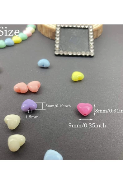 60 gr (300 adet) Şeker Rengi Akrilik Kalp Boncuklar Renkli Karışık Plastik Pastel Boncuklar Ara Boncuk Kalp Şekilli Koly - 3