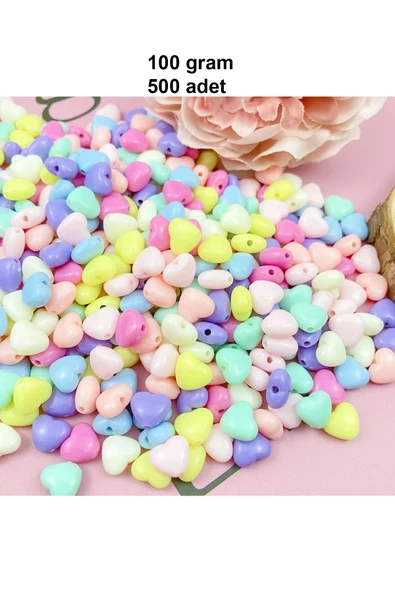 100 gr (500 adet) Şeker Rengi Akrilik Kalp Boncuklar Renkli Karışık Plastik Pastel Boncuklar Ara Boncuk Kalp Şekilli Kol