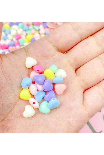 60 gr (300 adet) Şeker Rengi Akrilik Kalp Boncuklar Renkli Karışık Plastik Pastel Boncuklar Ara Boncuk Kalp Şekilli Koly - 5