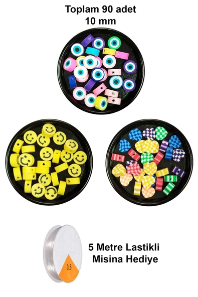 90 Adet 10 mm Polimer Kil Fimo Boncuk Takı Bileklik + 5 Metre Misina Hediye - Smile - Kalp - Nazar ürün görseli