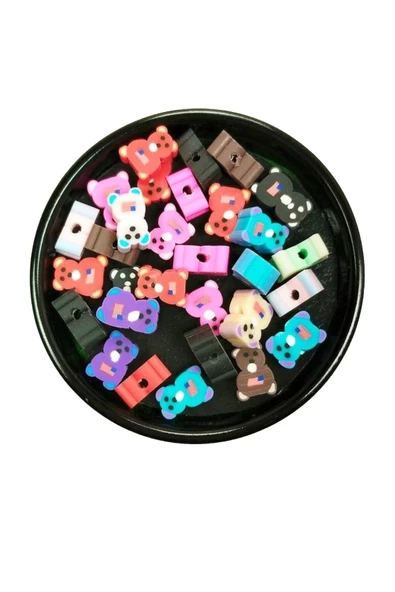 30 Adet 10 mm Polimer Kil Fimo Boncuk Takı Bileklik + 1 Metre Lastikli Misina Hediye - Renkli Ayıcık - Resim 3
