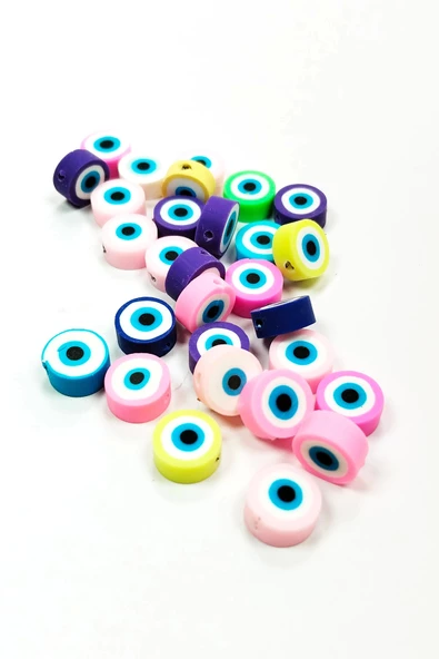 90 Adet 10 mm Polimer Kil Fimo Boncuk Takı Bileklik + 5 Metre Misina Hediye - Smile - Kalp - Nazar - Resim 4