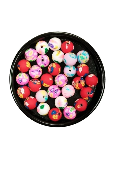 30 Adet 10 mm Polimer Kil Fimo Boncuk Takı Bileklik + 1 Metre Lastikli Misina Hediye - Desenli Yuvarlak - Resim 3