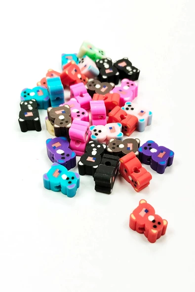 30 Adet 10 mm Polimer Kil Fimo Boncuk Takı Bileklik + 1 Metre Lastikli Misina Hediye - Renkli Ayıcık - Resim 2