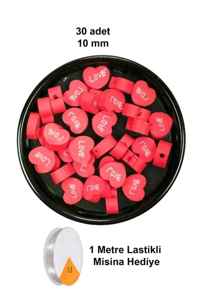 30 Adet 10 mm Polimer Kil Fimo Boncuk Takı Bileklik + 1 Metre Lastikli Misina Hediye - Kalp Love