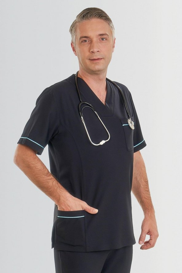 V YAKA DOKTOR ÖNLÜĞÜ ECZACI ÖNLÜĞÜ LABORANT ÖNLÜĞÜ HEMŞİRE ÖNLÜĞÜ ESTETİSYEN ÖNLÜĞÜ LACİVERT KISA KOL ERKEK ÖNLÜK - 1