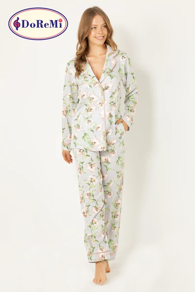 DoReMi Çiçekli Doğal Viskon Soft Yumuşak Düğmeli Pijama Takımı ürün görseli 1