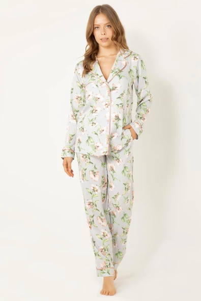 DoReMi Çiçekli Doğal Viskon Soft Yumuşak Düğmeli Pijama Takımı - Resim 5