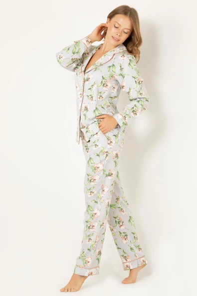 DoReMi Çiçekli Doğal Viskon Soft Yumuşak Düğmeli Pijama Takımı - Resim 8