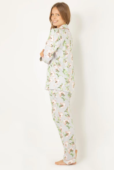 DoReMi Çiçekli Doğal Viskon Soft Yumuşak Düğmeli Pijama Takımı - Resim 7