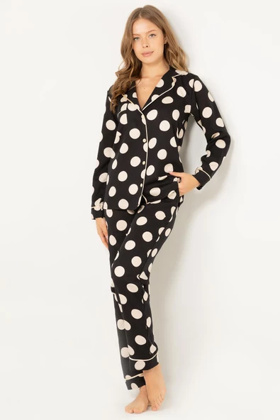 DoReMi Puantiyeli Doğal Viskon Soft Yumuşak Düğmeli Pijama Takımı - Resim 7