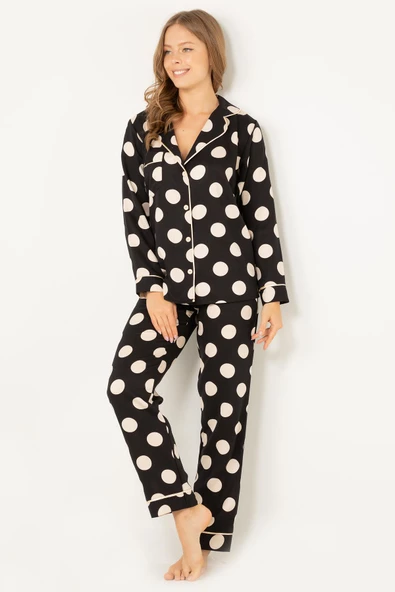 DoReMi Puantiyeli Doğal Viskon Soft Yumuşak Düğmeli Pijama Takımı - Resim 3