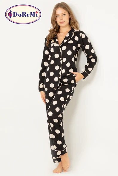 DoReMi Puantiyeli Doğal Viskon Soft Yumuşak Düğmeli Pijama Takımı - Resim 9