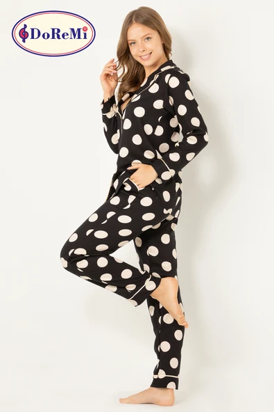 DoReMi Puantiyeli Doğal Viskon Soft Yumuşak Düğmeli Pijama Takımı - Resim 11