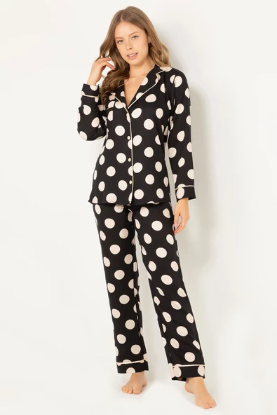 DoReMi Puantiyeli Doğal Viskon Soft Yumuşak Düğmeli Pijama Takımı - Resim 2