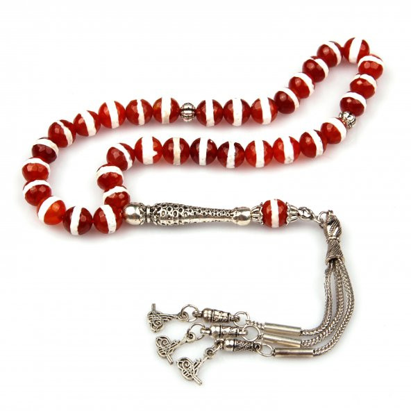 Beyaz Çizgili Akik Doğal Taş Tesbih 8 mm Fasetli Küre Kesim