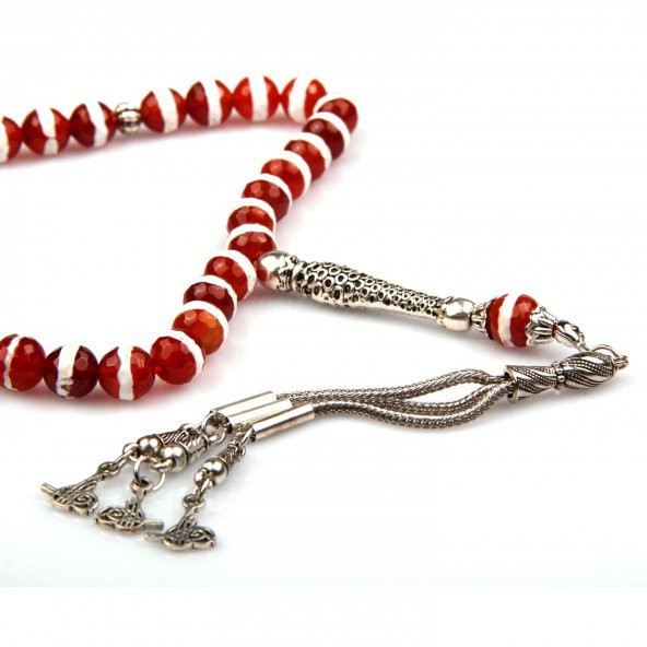 Beyaz Çizgili Akik Doğal Taş Tesbih 8 mm Fasetli Küre Kesim - 2