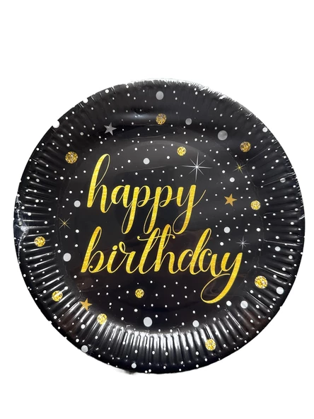 Roll-Up Doğum Günü Işıltılı Siyah Happy Bithday Yazılı Karton Tabak - 22 Cm. - 8 Adetlik 1 Paket