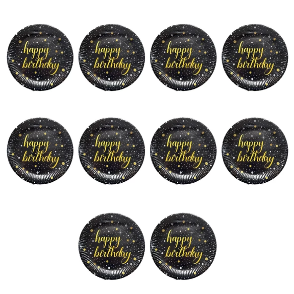 Roll-Up Doğum Günü Işıltılı Siyah Happy Bithday Yazılı Karton Tabak - 22 Cm. - 8 Adetlik 10 Paket
